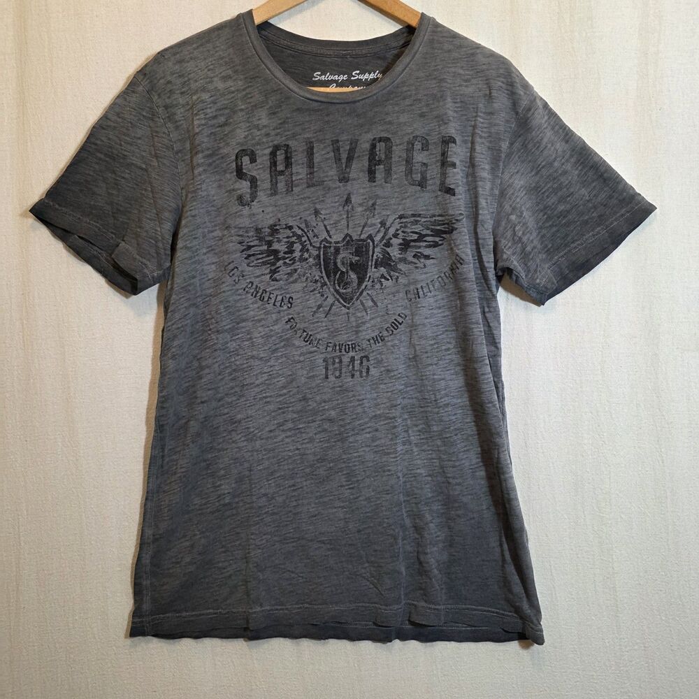 Salvage Hans Grey Tshirt Mens Large Distressed Graphic Wings Shield Biker
